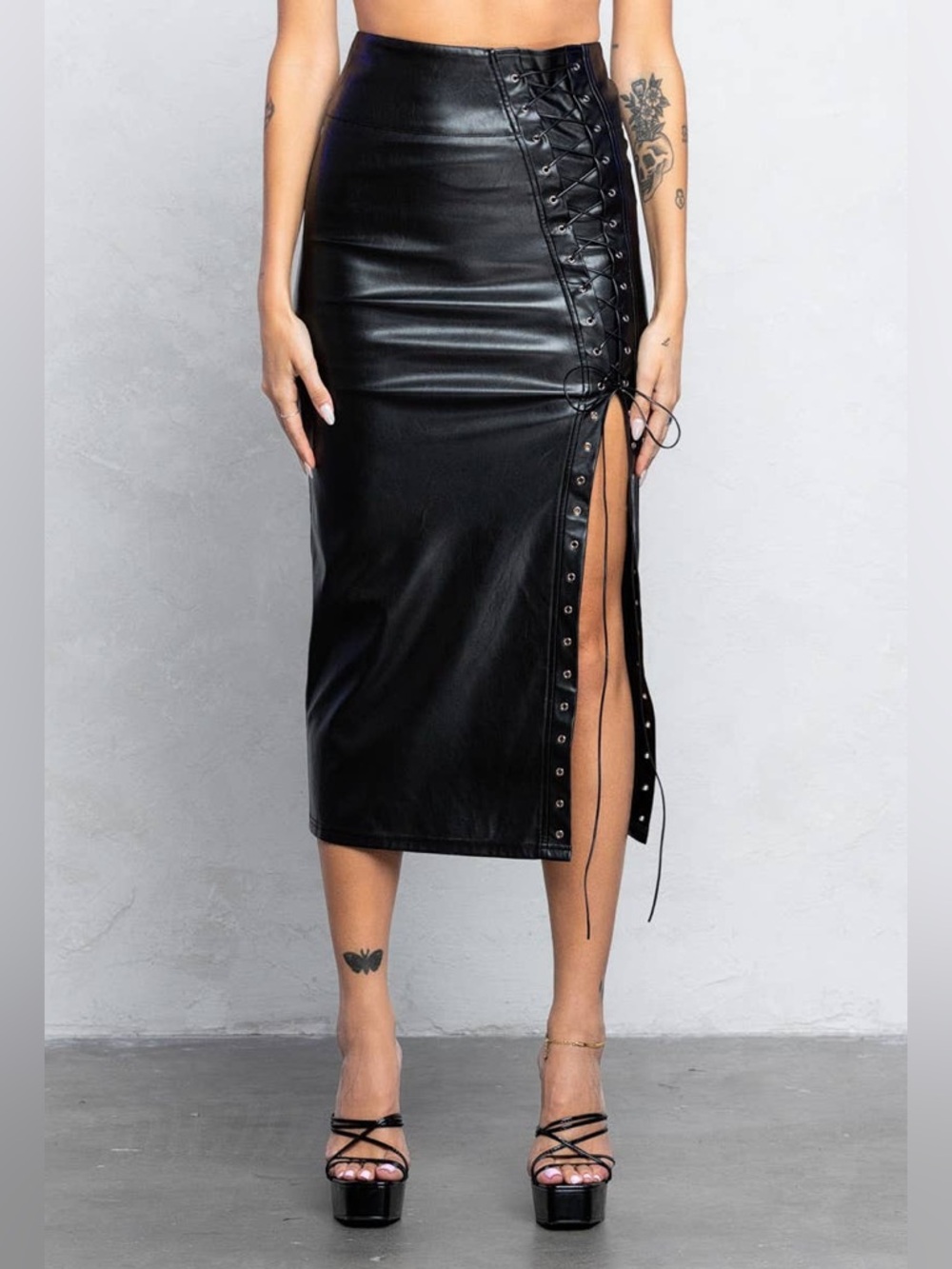 Black Faux Leather Lace-Up Midi Skirt